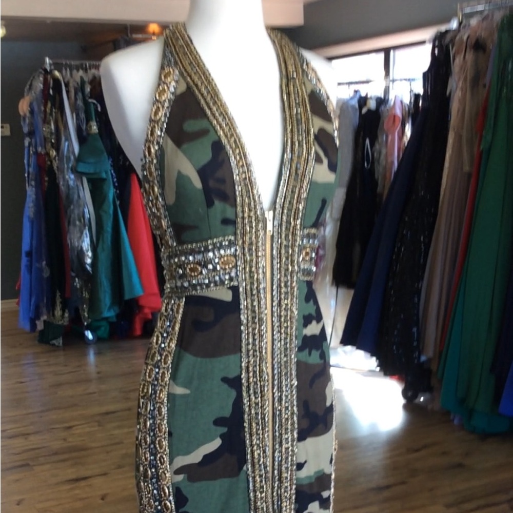 Mac Duggal Green Camo Halter Midi Dress with Gold Beaded Trim